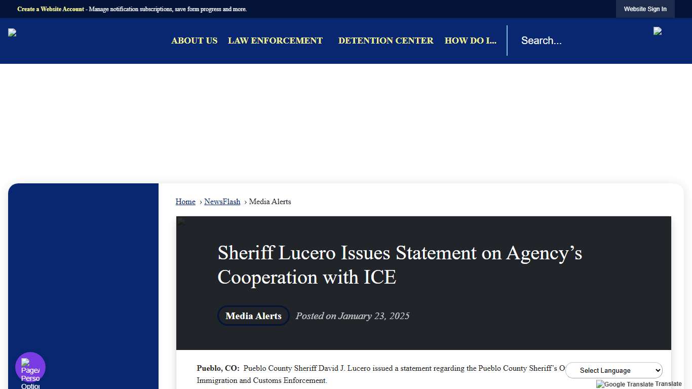 Sheriff Lucero Issues Statement on Agency’s Cooperation with ICE • Pueblo County Sheriff, CO