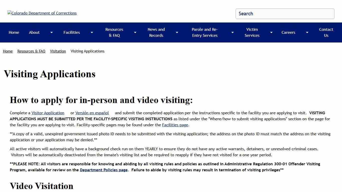 Visiting Applications | Colorado Department of Corrections